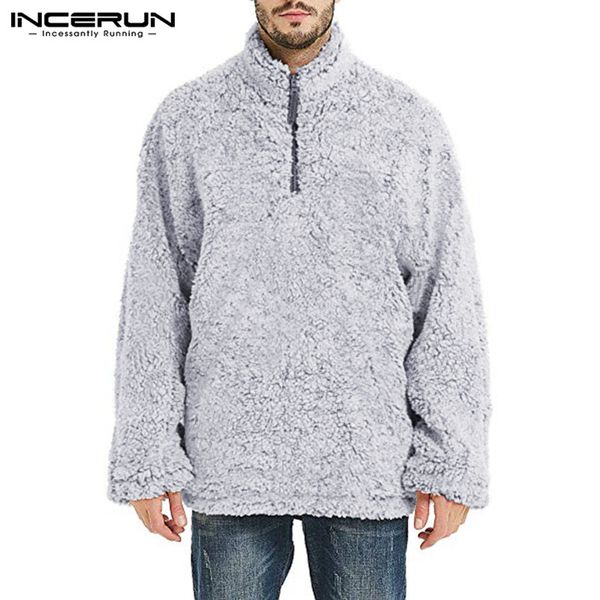 

incerun men long sleeve fleece hoodie pullovers casual furry zipper stand collar streetwear fashion warm sweatshirts 2019 s-5xl, Black