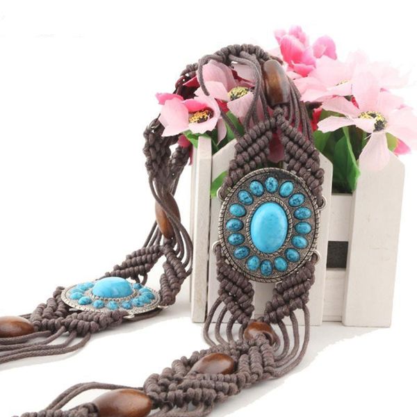 

bohemian women retro woven knot waistband stylish beading tassel decoration 160-180cm length khaki white coffee s473, Black;brown