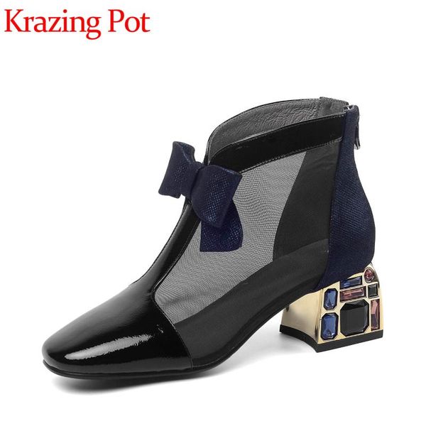 

krazing pot 2020 cow leather air mesh square toe high heels back zipper sunscreen breathable gentlewomen summer ankle boots l1f2, Black