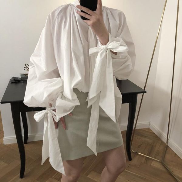

women vintage cotton blouse oversize loose lace up light soft long white shirt 2020