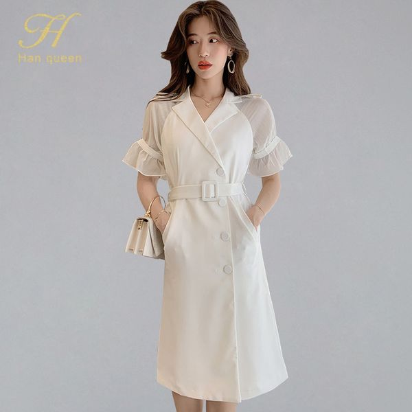 

h han queen 2019 summer white belted thin pencil dress women retro single-bresated dresses wear to work elegant midi vestidos, Black;gray