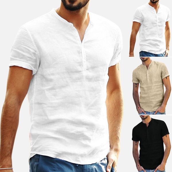 

men's loose cotton linen solid color short sleeve vintage shirt shirt #0613, White;black