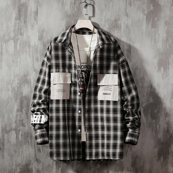 

men's casual shirts patchwork mens long sleeve japanese streetwear shirt men loose spring and autumn korean fashion b50, White;black