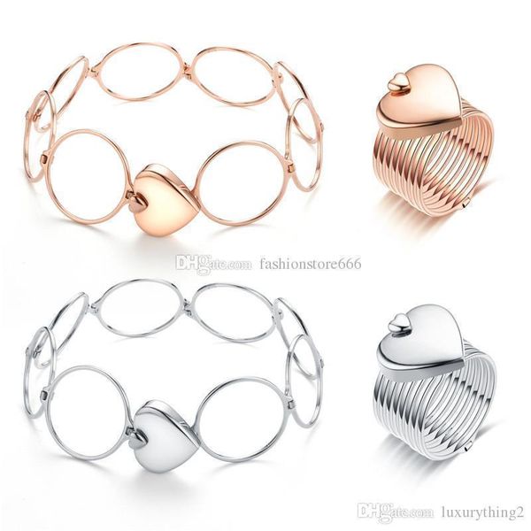 

wedding love rings for women girls stainless steel telescopic ring and bracelet 2 in 1 rose gold silver gold heart jewelry wear