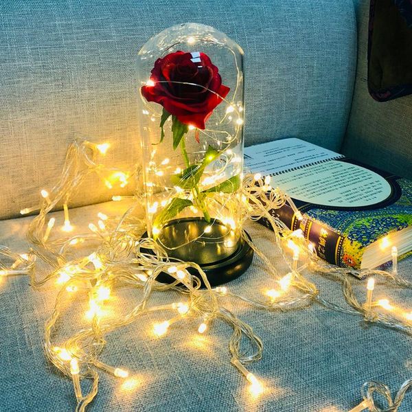 

20led battery powered copper wire lamp artificial rose flower glass dome rose night light party decoration valentine presents