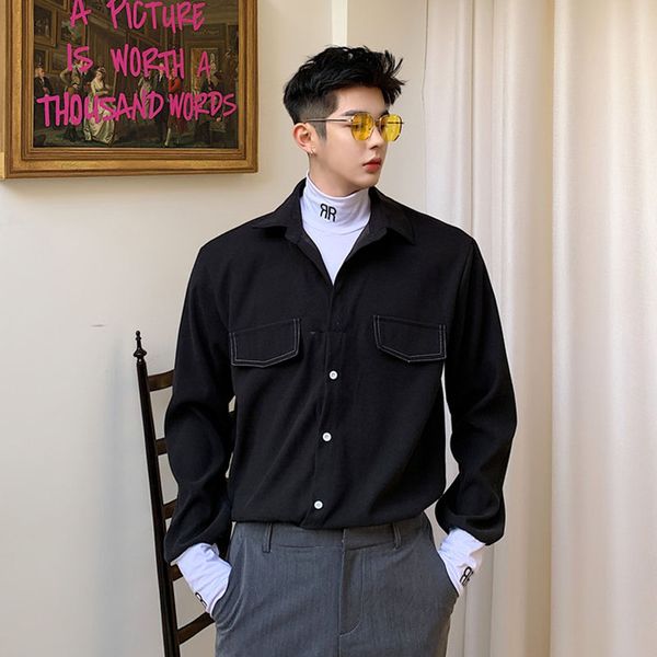 

мужчины поддельные 2 шт сращивания пуловер повседневная с длинным рукавом рубашки мужской винтажной моды high streetwear хип-хоп рубашка, White;black