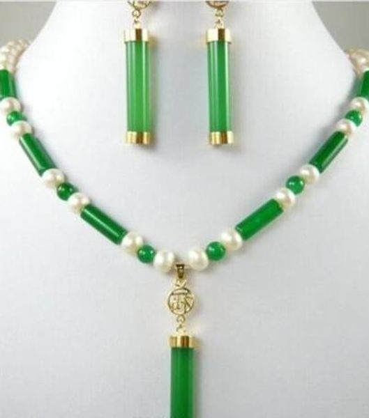 

5-6mm shipping charm green jade white pearl necklace18'' +jade earring set, Silver