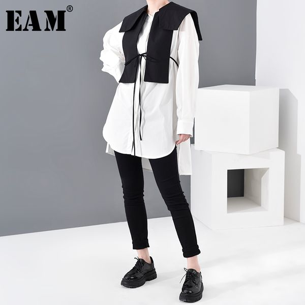 

eam] women white bandage split joint two piece blouse new lapel long sleeve loose fit shirt fashion spring autumn 2020 1n50400