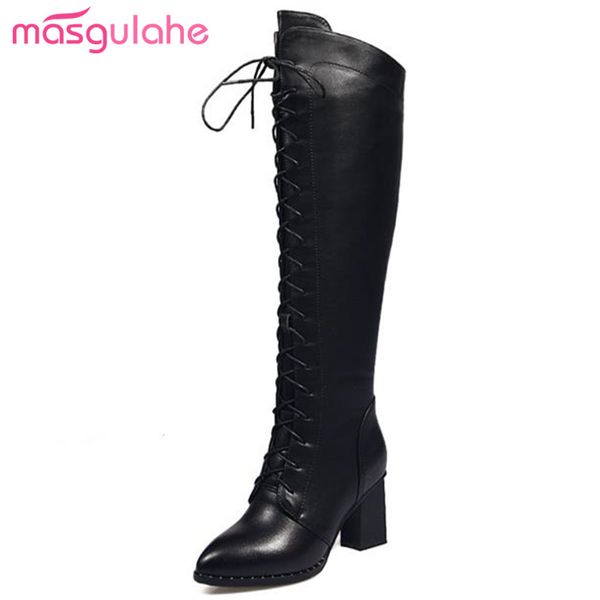 

masgulahe winter boots zipper genuine leather boots thick high heels pointed toe knee high lace up womens shoes, Black