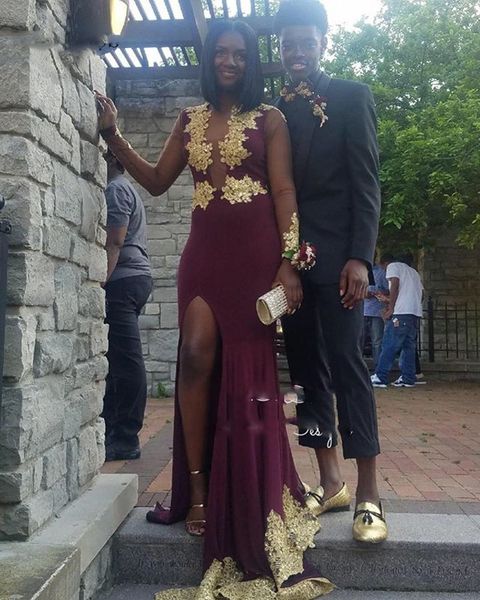 

burgundy prom dress with gold appliques mermaid long sleeves women party gowns with side slit vestido largo sirena, Black