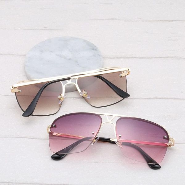 

2020 trend sunglasses european retro large frame gradient double beam men and women modern semi-rimless sunglasses, Blue