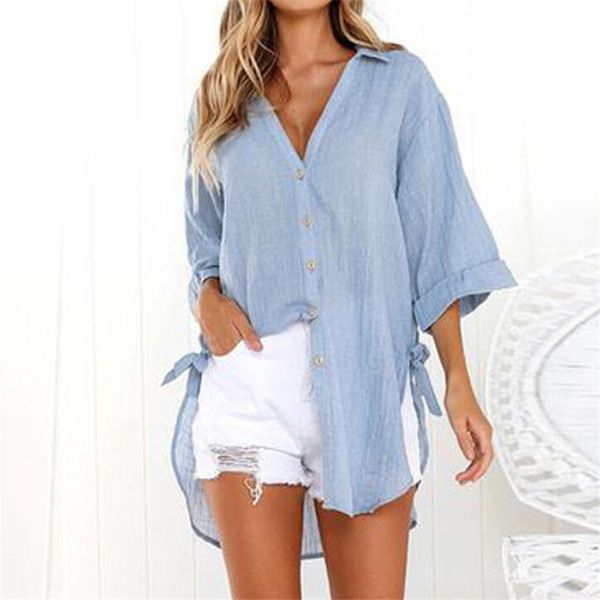 

women long shirts 2020 arrival women long sleeve v neck blouses solid color ladies casual loose button blouses shirts, White
