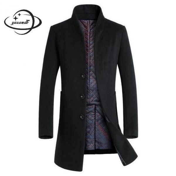 

yauamdb men wool 2018 winter size m-3xl male woolen blend overcoat solid color coat add cotton outwear long jacket y163, Black