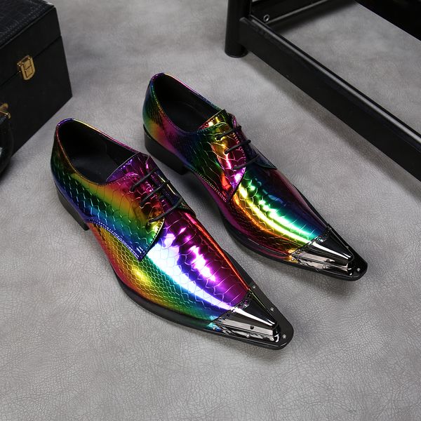 

fashion rainbow serpentine men shoes genuine leather metal pointy toe mens dress shoes lace up shiny zapatos elegantes hombre, Black