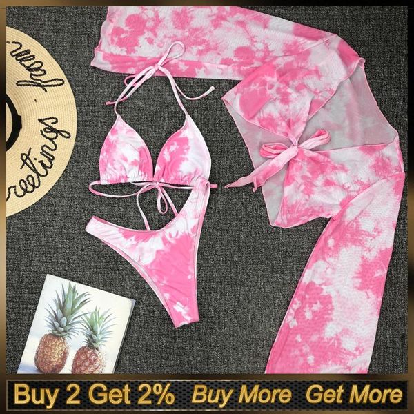 

bikinis set tie-dye lace up swimming suit for women high cut leg halter bikini + long sleeve cove-up 2021 maillot de bain