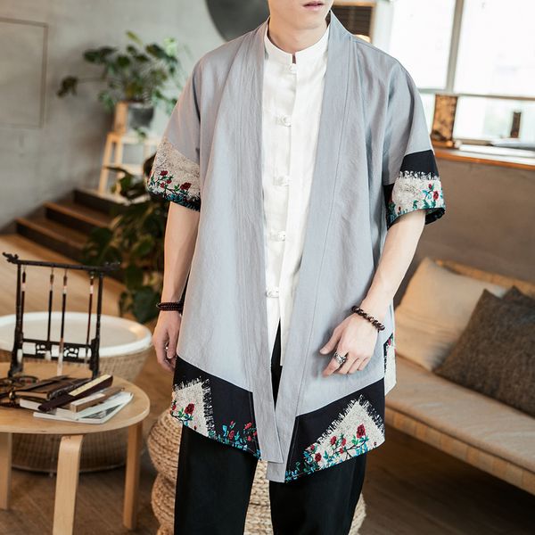 

5xl plus size men summer shirt cotton linen japanese type streetwear kimono shirts for men short sleeve hanfu collarless shirt, White;black