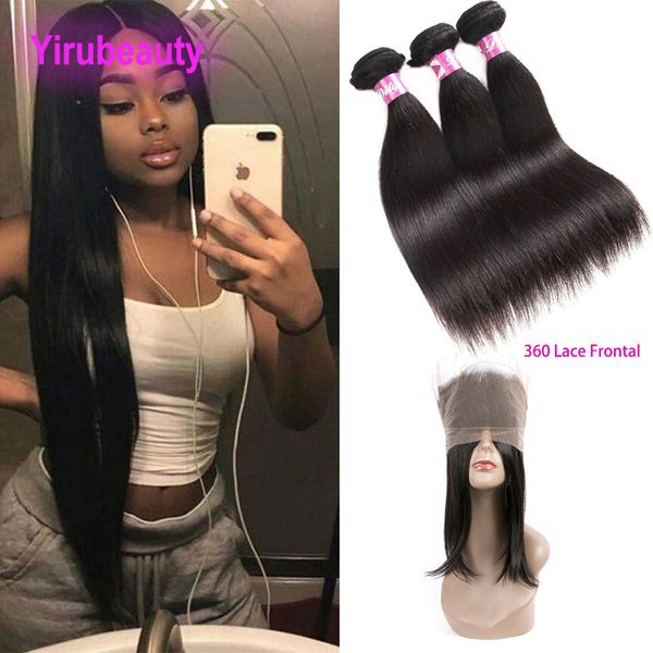 

indian 3 bundles with lace frontal 360 pre plucked baby hairs virgin human hair silky straight hair extensions wefts closures, Black;brown