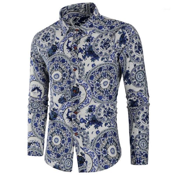 

new men's large flower print wild nightclub wind casual long-sleeved shirt, White;black