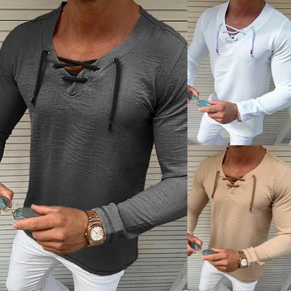 

2020 elegant men's slim fit v-neck long sleeve muscle t-shirt casual solid tee shirt plus size m-xxxl, White;black