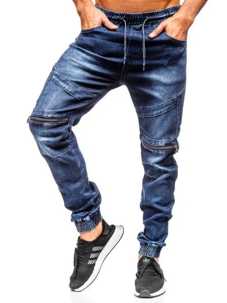 

qmgood 2020 summer streetwear mens jeans brand elastic waist skinny fit jeans men casual slim denim knee zipper pencil pants, Blue