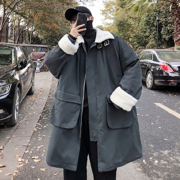 

winter long cotton coat men warm thick parka men fashion lamb fur jacket man streetwear loose coat male clothes overcoat, Black