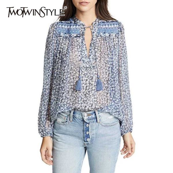 

twotwinstyle spring print chiffon blouse for women o neck long sleeve tassel bandages hollow out loose shirt female fashion 2019, White