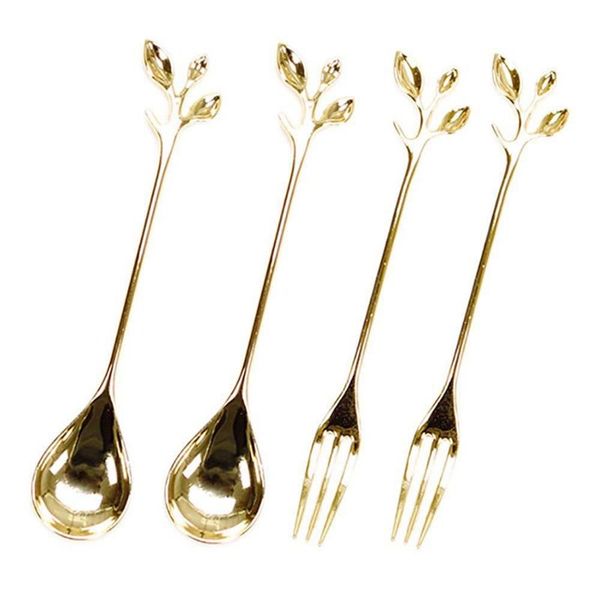 

посуда gold leaf coffee ложка вилка, 4 упаковки (2 ложки 2 вилок) маленький demitasse эспрессо ложок и закуска десерт вилы set, 4