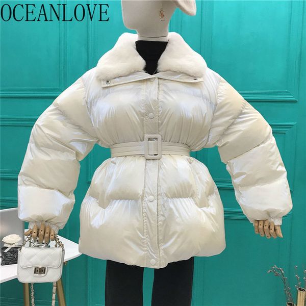 

oceanlove 2019 glossy solid winter coat women belt thick warm jacket fur collar korean shiny korean parkas fashion retro 13395, Black