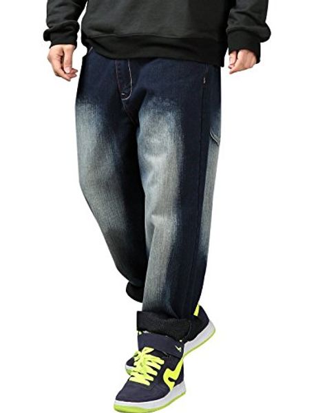 

yeokou men's loose baggy hip hop wash denim pants straight leg jeans, Blue
