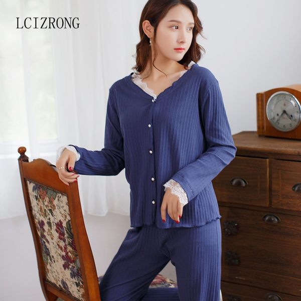 

simple cotton pajamas set women sweet lace v-neck long sleeve + long pant 2 piece sets slim elegant ladies sleepwear nightgown, Black;red