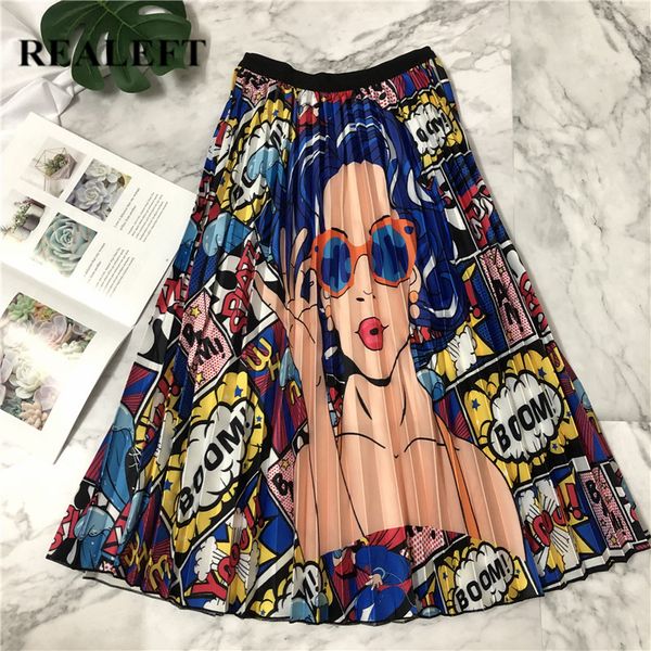 

realeft new arrival women cartoon printed elegant pleated midi skirts 2019 spring high waist empire harajuku tulle a-line skirts, Black