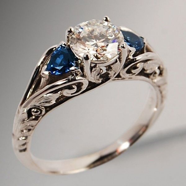 

selling beautiful new european and american sapphire engagement ring inlaid with zircon party jewelry, Golden;silver