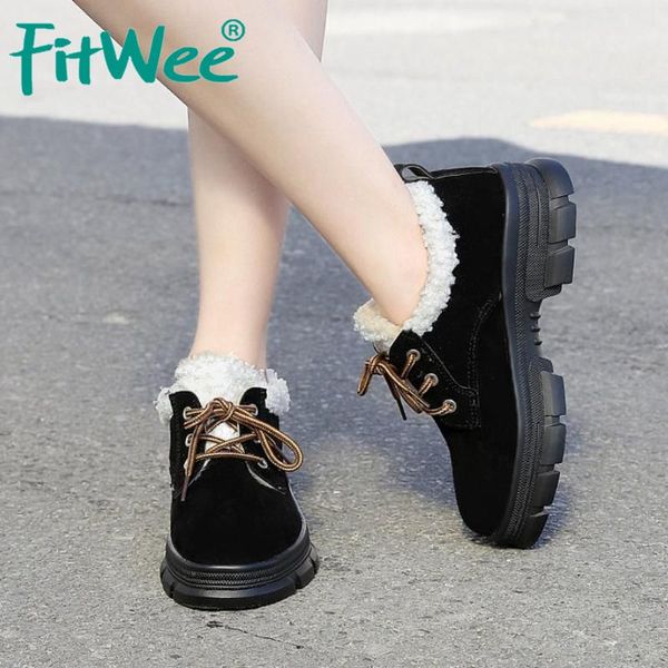 

fitwee women flats shoes 2020 new winter fur casual shoes for women fashion lace up round toe warm cotton footwear size 35-40, Black
