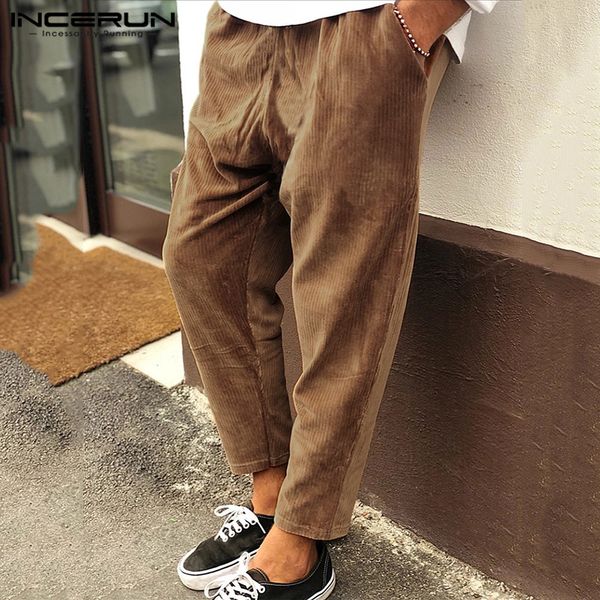

incerun men casual trousers solid corduroy joker elastic waist sweatpants autumn fashion joggers mens lacing harem pants 2019, Black