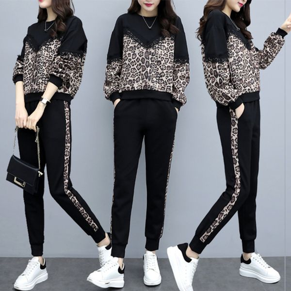 

plus size 4xl casual 2 piece set women leopard tracksuit women's tracksuits ensemble femme deux pieces year-old female costume, White