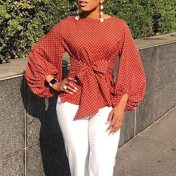 

vintage bowknot lantern long sleeve polka dots printed autumn fall high waist tunic plus size retro women's blouse shirts, White