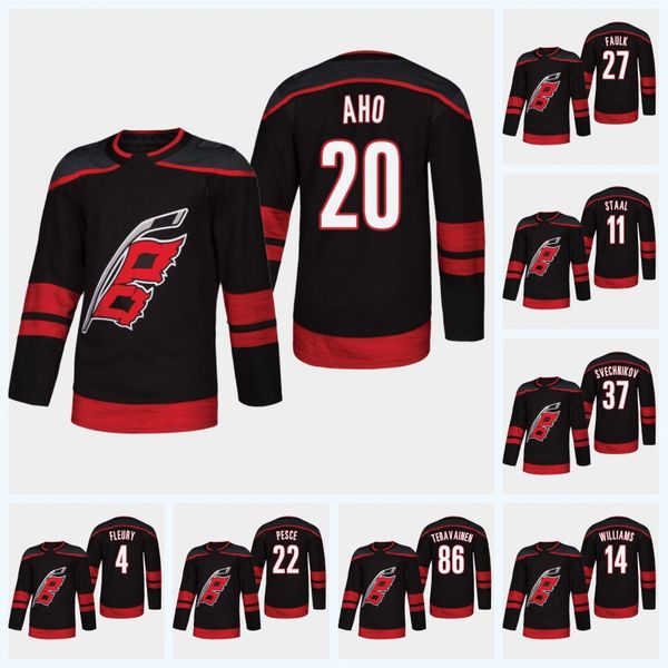 

youth 20 sebastian aho carolina hurricanes third jersey 86 teuvo teravainen 22 brett pesce 11 staal 37 andrei svechnikov 74 jaccob slavin, Black;red