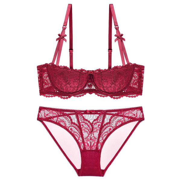 

half cup summer women lace bra sets adjusted up thin cup lingerie wedding white bra and brief set temptation underwear, Red;black