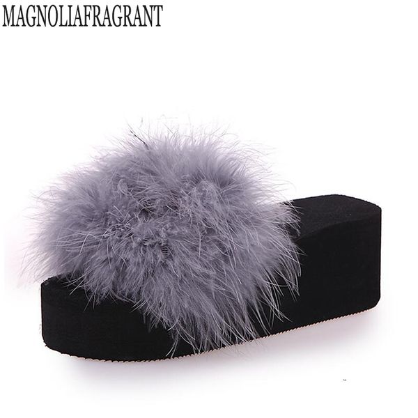 

fur flip flops women ostrich home slippers female sweet wedges sandals beach shoes autumn pantufa platform fashion chinelo, Black