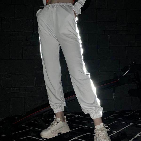 

women's pants & capris reflective stitching printing slim for women, Black;white