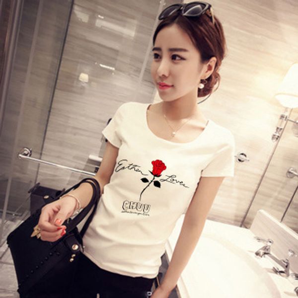 

wholesale- new fashion summer white t-shirt rose printed loose short sleeve women clothes
