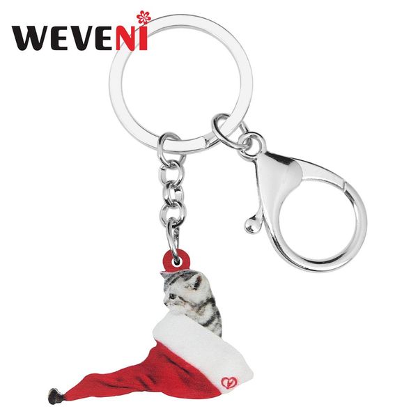 

weveni acrylic christmas hat short-haired cat kitten key chains key rings bag car purse animal keychain for women girls men gift, Silver