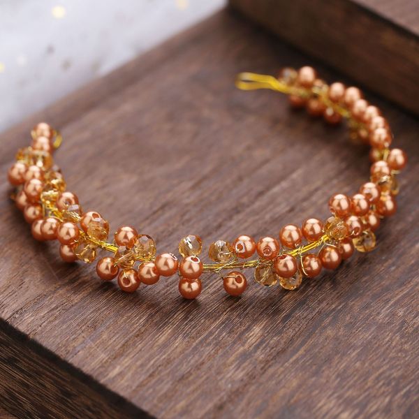 

le liin gold champagne pearl headband crystal beaded hair vine bride wedding headdress hair jewelry, Golden;white