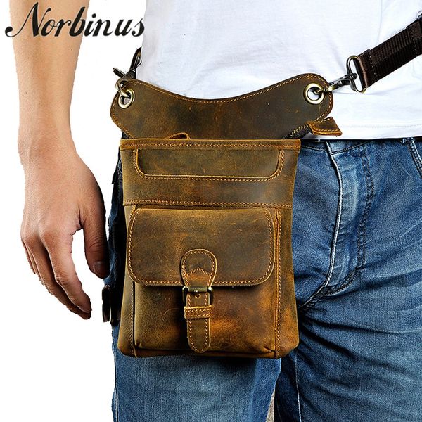 

norbinus men genuine leather waist bags motorcycle rider drop leg bag male shoulder messenger crossbody thigh belt fanny packs