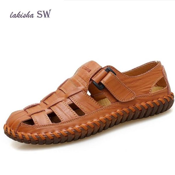

new 2019 summer men cow leather sandals outdoor handmade men flat breathable casual shoes footwear walking sandals, Black