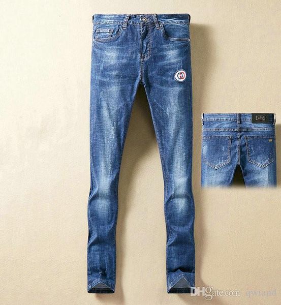 

spring and summer new european station brand jeans men's elastic business casual straight pants mid high waist designer jean mens desig, Blue
