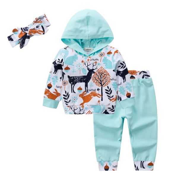 

cute 3pcs spring baby girl boy cartoon cotton long sleeve cat print hooded sweatshirt+trousers infant outfits clothes set, White