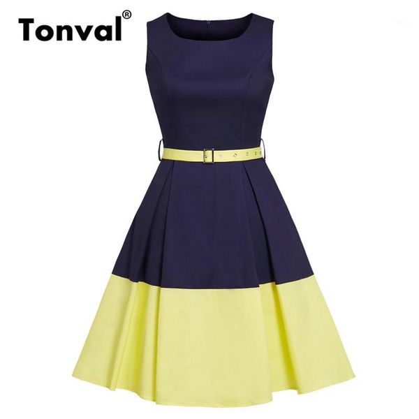 

tonval navy blue and yellow color-block vintage retro dress women belted slim fit pocket office ladies pleated cotton dresses1, Black;gray