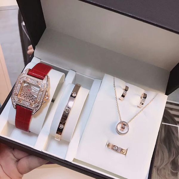 

dress ladies valentine gift fashion 5 sets including watches, bracelets, earrings, rings, necklaces diamond watch for women, Slivery;brown