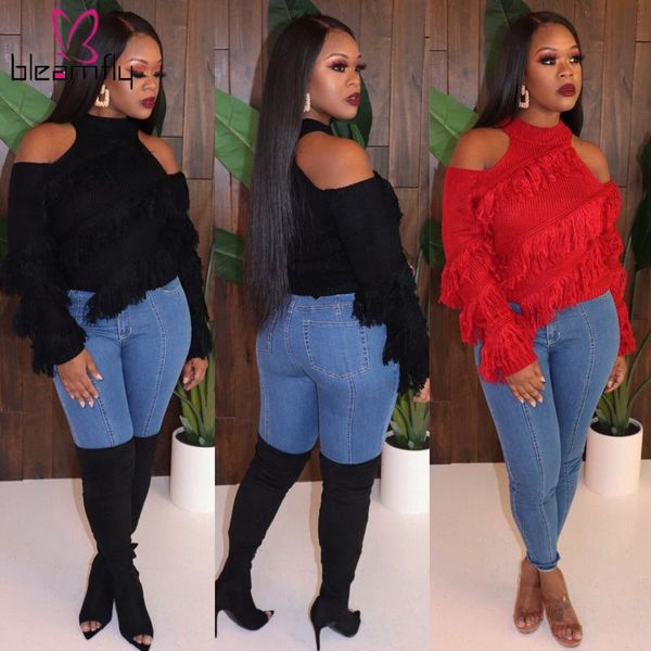 

2020 women winter solid full sleeve tassel sweater off-the-shoulder knitted fashion night club party street pullovers, White;black